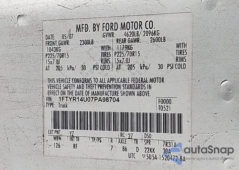 2007 Ford Ranger Sport/Stx/Xl/Xlt z USA, uszkodzony, nr VIN 1FTYR14U07PA98704